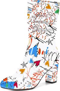 Женские ботильоны Zamikoo с свободным силуэтом, толстым каблуком и круглым носком, с молнией сбоку, модные обувь без застежки, короткие ботильоны, удобные нарядные ботинки, каблук 3,5 дюйма, Graffiti White