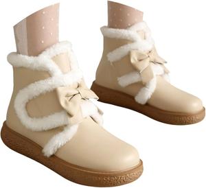 Женские короткие зимние ботинки для снега с искусственным мехом, утепленные флисом, ботильоны на платформе с круглым носком, комфортные пушистые ботинки для женщин, прогулочные, нескользящие, для походов, с бантиком Generic, Beige