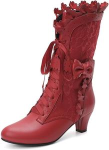 Женские ботинки LanreyTaley с бантом, средним каблуком, шнуровкой, викторианские ботинки до середины голени, кавайные ботинки, Pured