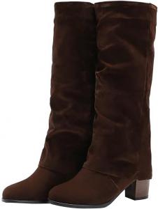 Женские сапоги до середины икры с отворотом, заостренный носок, каблук-стилет, без застежки, модные сексуальные мягкие сапоги под платье Generic, Brown
