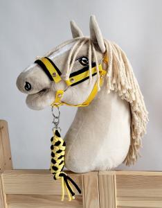 Набор Hobby Horse: недоуздок А3 с черным мехом + веревочный привязь - черный и желтый. Super Hobby Horse