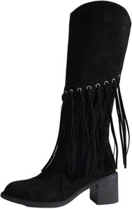 Ковбойские сапоги с бахромой для женщин: модные высокие ботильоны на широкую икру, ковбойские сапожки с бахромой, подходящие для походов, вечеринок, свадеб и нарядного образа Generic, Black