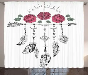 Штора ABAKUHAUS в этническом деревенском стиле, хиппи, перья, стрела, розовая, присборенная, для спальни, с петлями и крючками, 280 x 175 см, цвет: темно-серый, розовый Abakuhaus