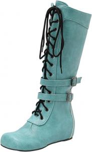 Женские высокие сапоги до колена с кружевной шнуровкой, на танкетке, вестерн-стиля, с пряжкой, округлым носком и боковой молнией Generic, Green