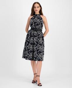 Женское миди-платье с воротником-халтером и поясом Anne Klein, Anne Black/Anne White