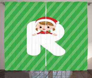 Штора ABAKUHAUS "Рождественский алфавит" в деревенском стиле, люди на буквах, универсальная, для гостиной, с петлями и крючками, 280 x 225 см, темно-зеленый, коралловый и белый Abakuhaus