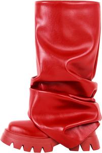 Женские металлические ботинки Sexytag со складным верхом, платформой, округлым носком в стиле вестерн и легким надеванием, Red