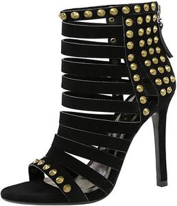 Женские короткие ботильоны на высоком каблуке с открытым носком и заклепками, сзади на молнии, сексуальные с круглым носком, дышащие с отверстиями, на высоком каблуке, для вечеринки, вечера, свидания FIFILAPIN, Black