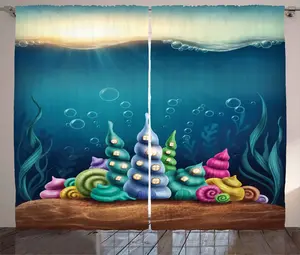 Шторы ABAKUHAUS Rustic Seaside, Turritella Communis Houses, универсальные ленточные шторы для гостиной с петлями и крючками, 280 x 245 см, цвет: петроловый синий и верблюжий Abakuhaus