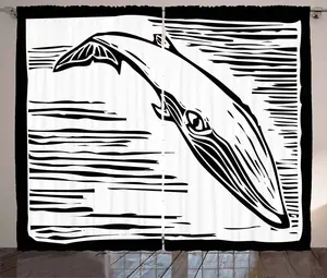Штора ABAKUHAUS Кит в деревенском стиле, морское млекопитающее в винтажном стиле, штора из тесьмы для спальни со сборками, петлями и крючками, 280 x 175 см, черно-белая Abakuhaus