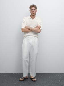 Рубашка-Поло с V-образным вырезом и ажурной отделкой Massimo Dutti, кремовый