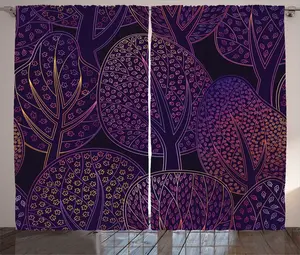 Штора ABAKUHAUS темно-фиолетовая в деревенском стиле с рисунком Лесной колорит, универсальная ленточная штора для гостиной с петлями и крючками, 280 x 225 см, разноцветная Abakuhaus