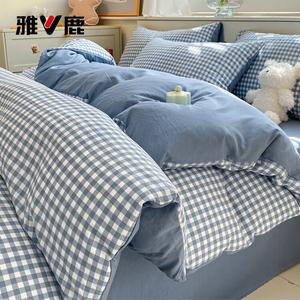 Yalu Комплект постельного белья из 3 предметов (простыня 120 см, пододеяльник 150х200 см), цвет Blue checkered pattern + blue-gray, дышащий