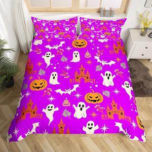 Erosebridal Комплект постельного белья Halloween Decor с принтом тыквы, летучих мышей и замка в фиолетовых тонах, Purple Orange