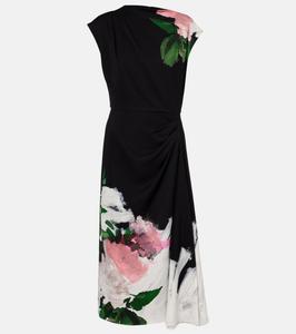 Платье миди с цветочным принтом и сборками Erdem, Painted Rose Bouquet Black