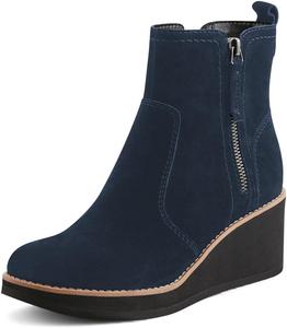 Женские ботильоны на танкетке XYD с двойной молнией, закрытым носком и низкой платформой, зимние повседневные ботинки, Navy Blue