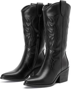 Женские сапоги до середины икры с плоской подошвой, повседневные ботильоны с круглым носком, модные с пряжкой, нарядные сапоги на низком каблуке для осени и зимы. Ruiee, Black Pu 977