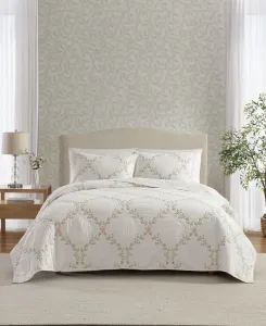 Комплект постельного белья из хлопка с цветочной вышивкой, 2 предмета, размер Twin Laura Ashley, зеленый/розовый