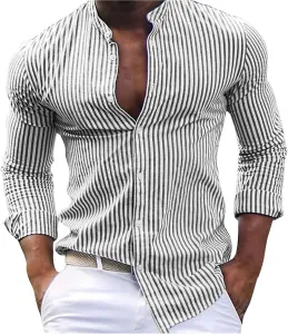 Мужская повседневная рубашка с полосками, длинным рукавом и отложным воротником