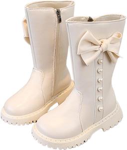 Детские сапоги до колена с боковой молнией, сапоги до середины икры для верховой езды, с бантом и жемчугом, модные сапоги из искусственной кожи, водонепроницаемые Generic, White