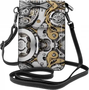 Стильная маленькая сумочка для телефона в стиле стимпанк с принтом в виде шестеренок, сумка через плечо с магнитной застежкой и отделениями для карт, из искусственной кожи Ultra Fiber.