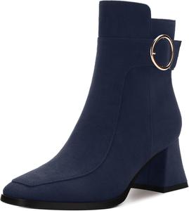 RLYGHWAO Женские черные ботильоны с квадратным носком на среднем каблуке с боковой молнией, модные ботинки с пряжкой для женщин