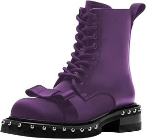 Женские ботинки FSJ с заклепками, низкий каблук, боевые ботинки до щиколотки, шнуровка, боковая молния, закрытый носок, милый бант, толстый каблук, размеры US 4-16, Purple