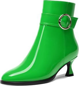 Женские ботильоны AMBELIGHT с круглым носком, ремешком на щиколотке для свиданий, лакированные, с молнией, на низком каблуке 2 дюйма, Green