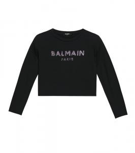 Кроп-топ из хлопка с декоративными элементами Balmain Kids, 930-Nero