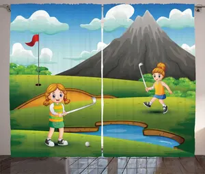Шторы ABAKUHAUS Сцена на поле для гольфа в деревенском стиле, Дети-гольфисты, универсальные ленточные шторы для гостиной с петлями и крючками, 280 x 225 см, многоцветный яблочно-зеленый Abakuhaus