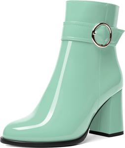 Женские ботильоны NUMALEO из лакированной кожи с повседневной молнией, для свиданий, с ремешком на щиколотке, круглым носком, пряжкой, массивным каблуком 3,3 дюйма, Turquoise