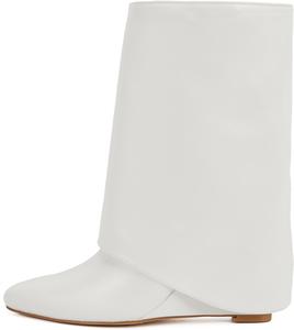 Женские сапоги Putu с отворотом, средние сапоги на танкетке, модные свободные сапоги, White