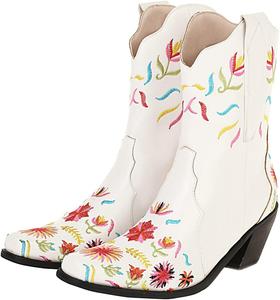 Женские вестерн-ботильоны Uniquelly с цветочным принтом, массивным каблуком, для широкой голени, ковбойские ботинки до щиколотки с круглым носком, без застежки, White