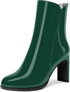 Женские ботильоны MERRORI с молнией, повседневные с круглым носком, лакированные, на высоком толстом каблуке 3,3 дюйма, Dark Green