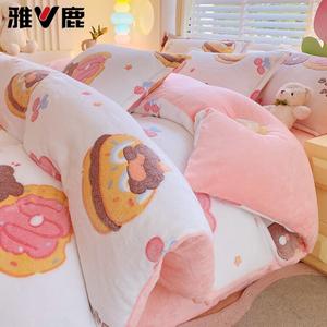 Yalu Комплект постельного белья из 4 предметов (простыня 150х200 см, пододеяльник 200х230 см), молочный вельвет, утепленный флисом, рисунок Donut