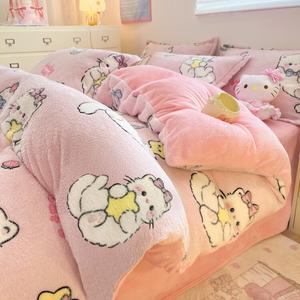 FUANNA Комплект постельного белья 4 предмета, простыня на резинке 180 см, пододеяльник 200x230 см, толстый флис, цвет Sweet Dream Kitten