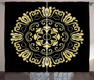 Шторы ABAKUHAUS с желтым дамасским узором в деревенском стиле, с рамой, универсальные ленточные шторы для гостиной с петлями и крючками, 280 x 245 см, бледно-желтый с черным Abakuhaus