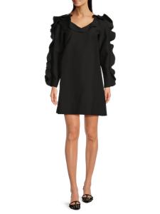 Мини-платье из смеси натуральной шерсти с оборками Valentino, цвет Nero