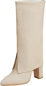 Женские сапоги с массивным каблуком с блоком Высокие ботильоны на толстом каблуке для женщин Туфли с острым носком Свадебная обувь Высокие сапоги Generic, 10 Beige