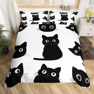 Erosebridal Комплект постельного белья Black Cat с милыми котиками в готическом стиле Хэллоуин, бело-черный, мягкий и теплый, Multi 05