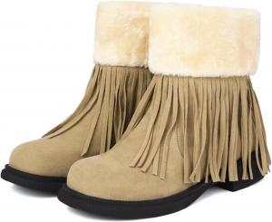 Женские ботильоны в стиле бохо с бахромой на среднем клине, зимние, с скрытой платформой, пряжкой, теплой мягкой подкладкой, меховым воротником и нескользящей подошвой, снега Стойкие Generic, Khaki