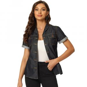 Женская джинсовая куртка с воротником и коротким рукавом, рубашка на пуговицах с нагрудным карманом ALLEGRA K, черный