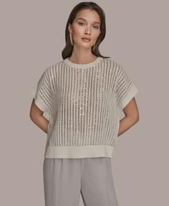 Женский свитер с короткими рукавами и круглым вырезом Donna Karan New York, Cream