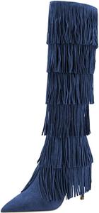 Женские сапоги YDN Cowgirl с бахромой, кисточками, высоким каблуком-стилето до колена, боковой молнией, длинные ботильоны в западном стиле, размеры 4-15 US, Navy