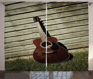 Штора ABAKUHAUS Гитара в деревенском стиле, музыкальная тема, настенная, для спальни, со сборками, петлями и крючками, 280 x 225 см, цвет: красновато-коричневый, сумеречный Abakuhaus