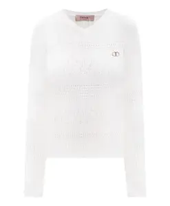 Вязаный свитер в рубчик цвета слоновой кости с логотипом в виде драгоценного камня. Twinset, белый