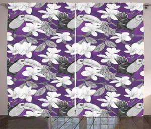 Шторы ABAKUHAUS в деревенском стиле с цветочным рисунком, плюмериями и птицами тукан, универсальные ленточные шторы для гостиной с петлями и крючками, 280 x 225 см, серо-белые Abakuhaus