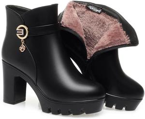 Женские ботильоны на массивном каблуке с застежкой-пряжкой, декорированные стразами, комфортные, с теплой меховой подкладкой, в винтажном стиле с узлом, с боковой молнией Hhhchpm, Black 8Cm-Fleece