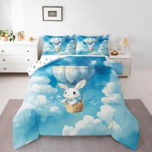 Erosebridal Комплект постельного белья Hot Air Balloon с уютным одеялом в тематике кроликов, птиц и облаков для детской комнаты, White Blue