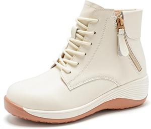 Женские кожаные ботильоны на шнуровке с боковой молнией, платформой, круглым носком, мягкой подошвой, удобные, противоскользящие короткие ботинки для повседневной носки TZNBGGE, Beige